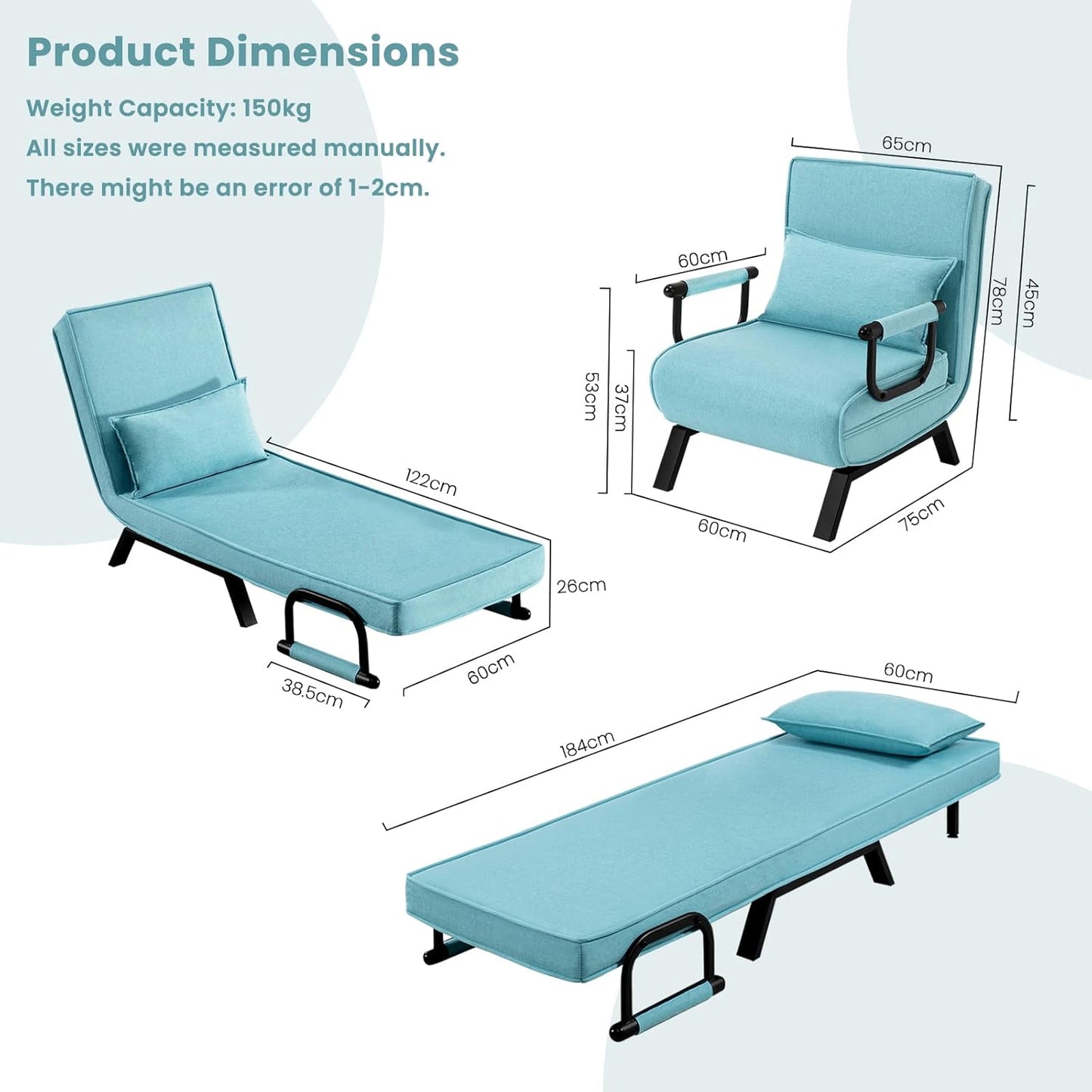 WOLTU 3-in-1-Schlafsessel – Gästebett – Blau – 65 x 75 x 78 cm