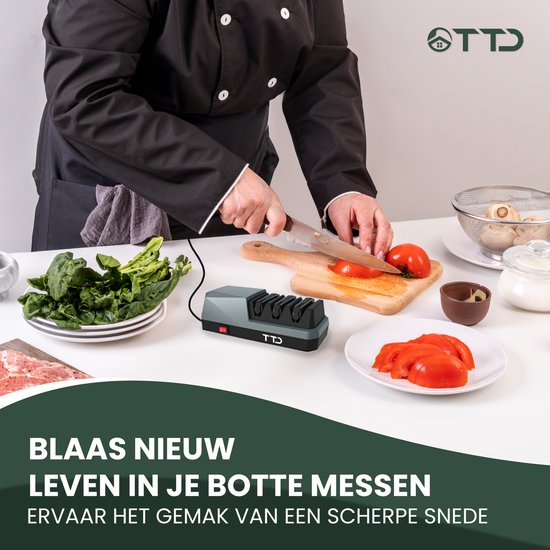 TTD® Premium Messerschärfer Elektrisch - 3 Ständer - Vorbearbeiten, Schärfen und Polieren - Anti-Rutsch - Piercing Sharpener - Messerschärfer - Wetzstahl für Messer