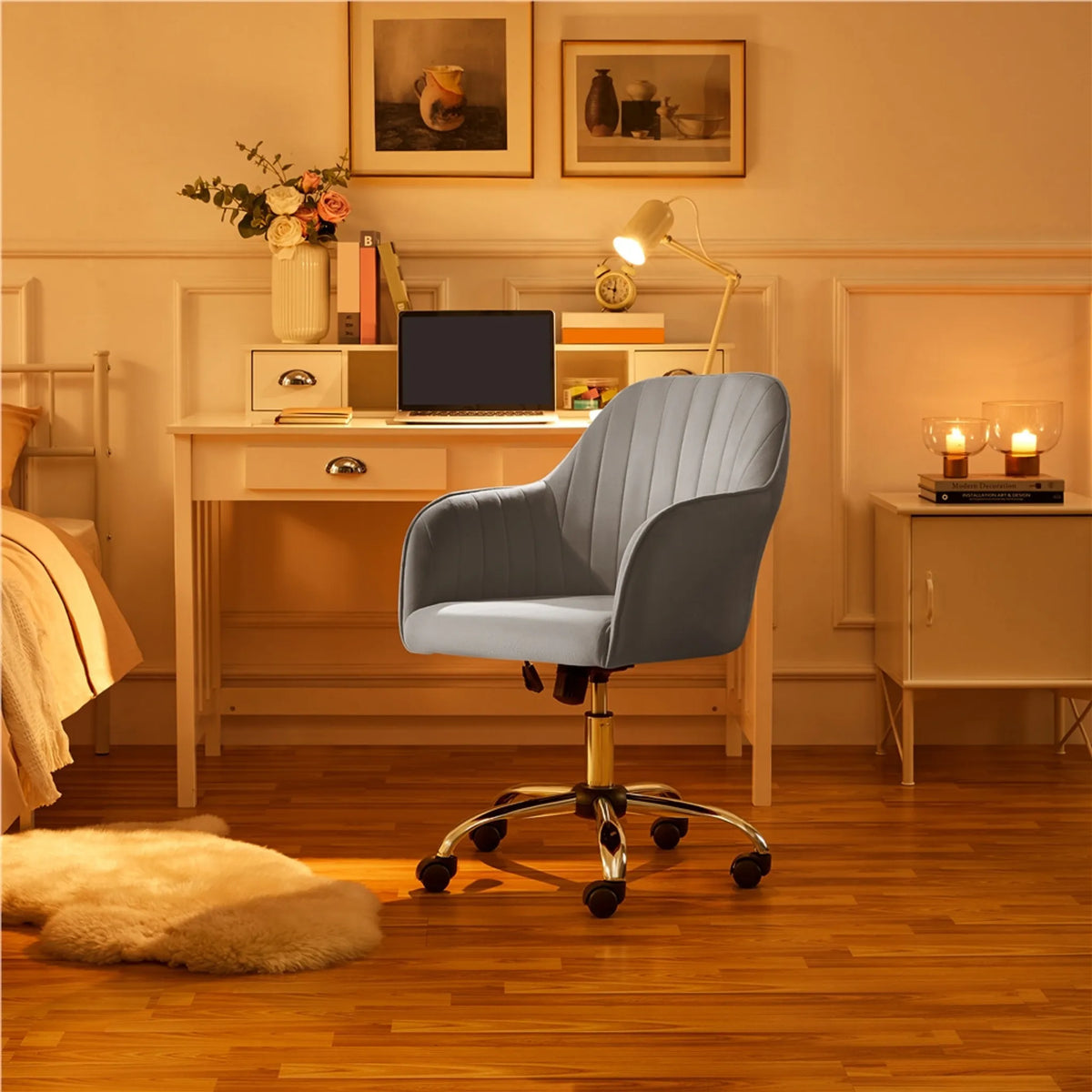 Yaheetech Bürostuhl Ergonomisch - Verfügt über luxuriöse Samtpolsterung und höhenverstellbaren Gaslift und 360° drehbare Nylon-Räder - Für Büro und Studie - Hellgrau Metall - 60 x 61 x 83-92,5 cm