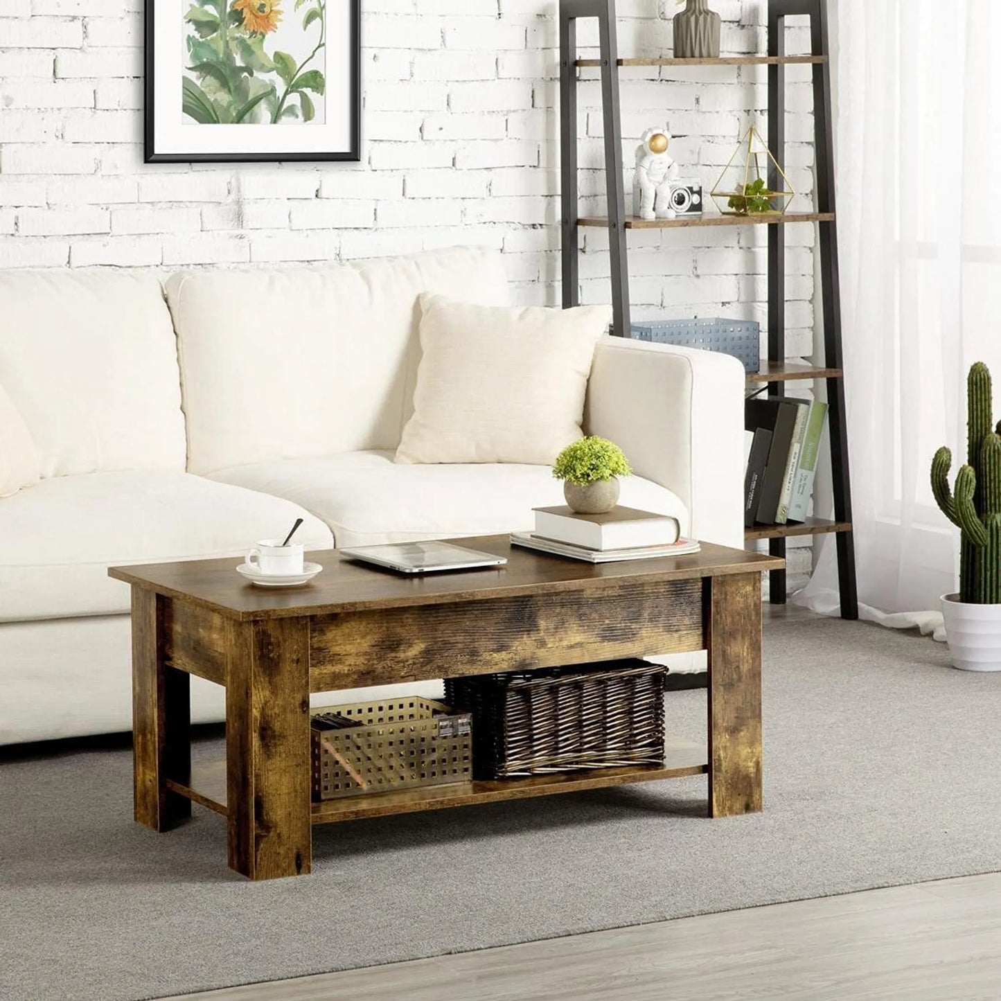 Yaheetech Couchtisch mit Lift-Top-Funktion - verfügt über versteckte Lagerung und Metall-Mechanismus und unten Regal - für Wohnzimmer und Büro - Vintage braun-schwarz Mdf und Metall - 98 x 50 x 41,8-55 cm