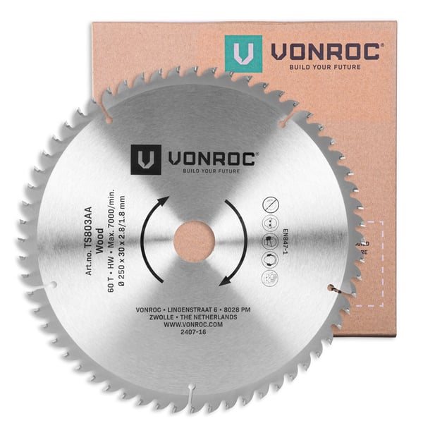 VONROC-Sägeblatt 60T Ø250 x 30 x 2,8/1,8 mm – Für Holz- und Tischsägen