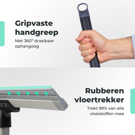 CLEANLY Bodenwischer mit Griff Teleskop 113-142 cm - Badezimmer-Bodenwischer mit Gummiwischer - Wasserwischer - Duschwischer - Breite 43,5 cm - Schwarz, Grau