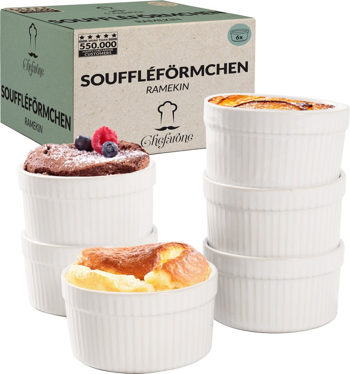 Chefarone Creme Brulee Schalen - 6 Mini Backofen Schalen - Ramekin Schalen Keramik - Souffle Schalen 200 ML - Kochen mit Kindern - Dessert Schalen - Weiß