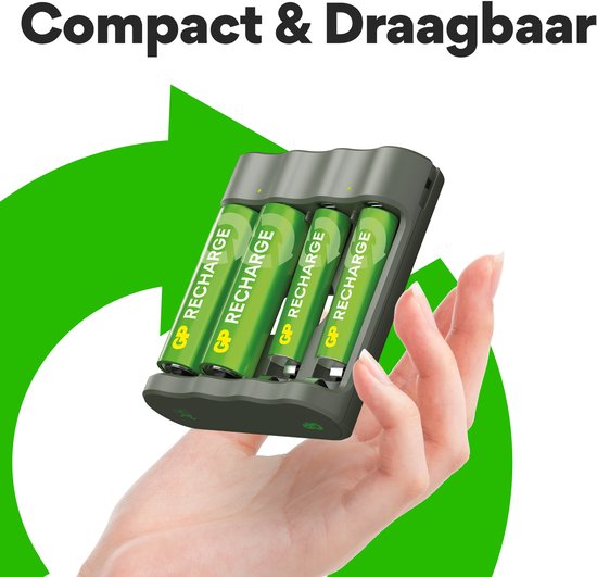 GP Recharge Ladegerät für AA- und AAA-Batterien – 4 Ladeschächte, USB-Anschluss, sicheres und schnelles Laden, kompaktes Ladegerät mit wiederaufladbaren Batterien: 2x AA 2100 mAh / 2x AAA 800 mAh