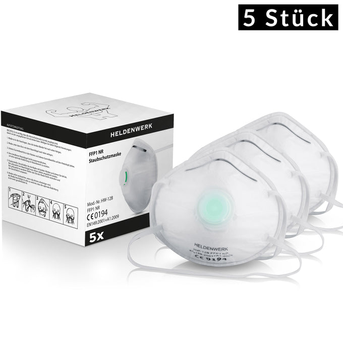 Hero Work Staubmasken - 5er Set - Mit Ventil - Komfortabel und sicher - Weiß