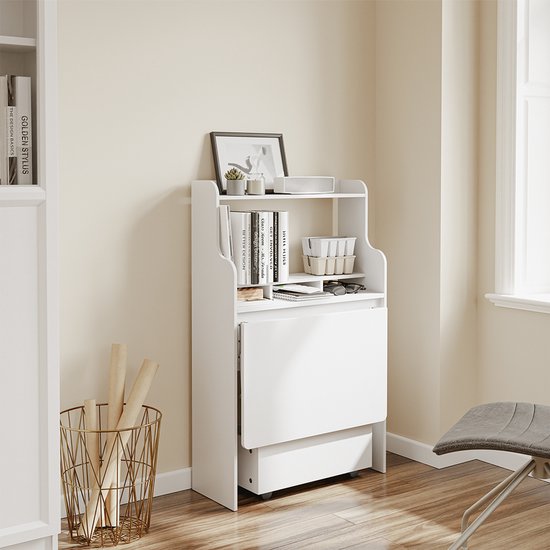 SoBuy Wandklapptisch FWT105-II-W – Multifunktionaler, platzsparender Klapptisch mit Rollen – Zusammenklappbarer Schreibtisch mit Schublade und Ablagen – Weiß