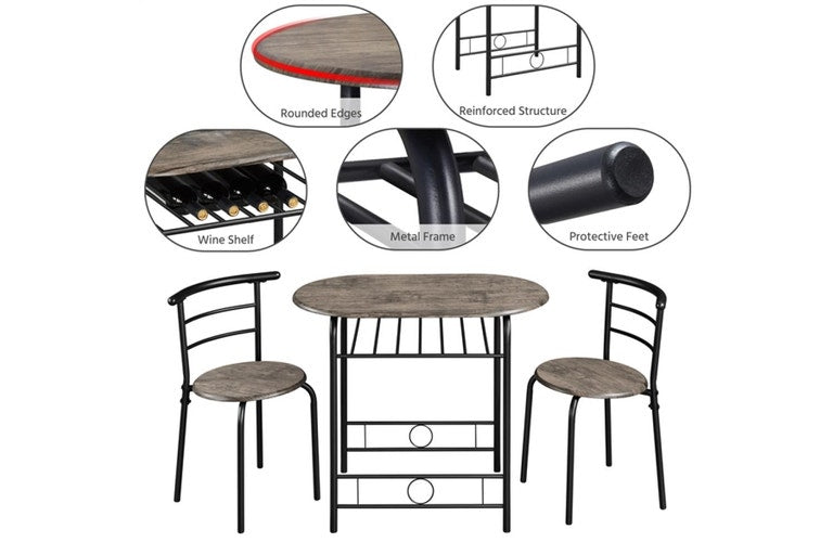 Yaheetech Bistro-Set, 3-teilig – Tisch 80 x 53 x 74,5 cm – 2 Stühle – Staufach – Schwarz