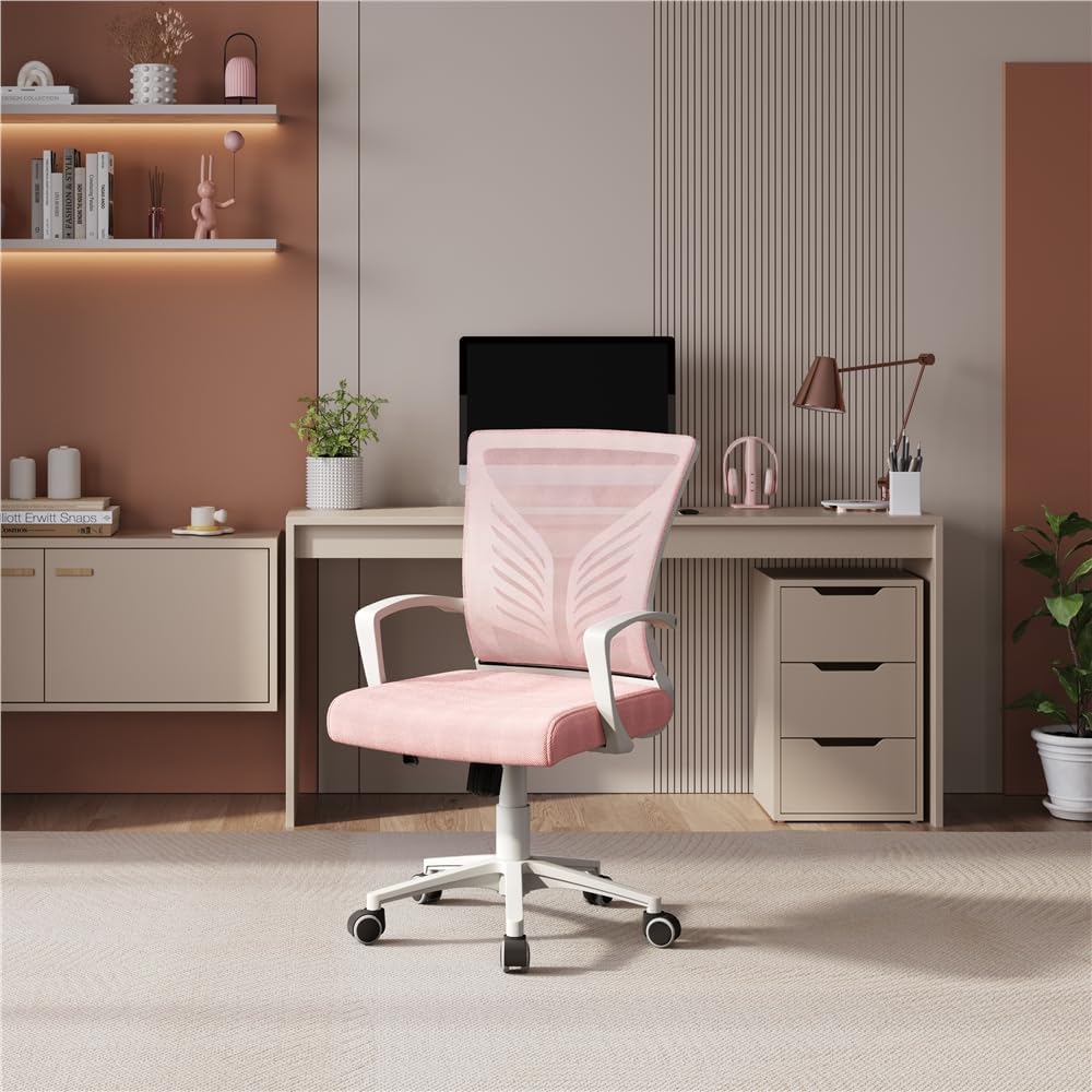Yaheetech Drehbarer Bürostuhl – Netzgewebe – Rosa – Ergonomische Lendenwirbelstütze – Höhenverstellbar – Neigungsfunktion