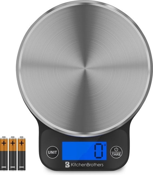 KitchenBrothers Küchenwaage - Waage Küche Digital - 1 g bis 6 kg - Tara Funktion - Batterien enthalten - Edelstahl/Schwarz