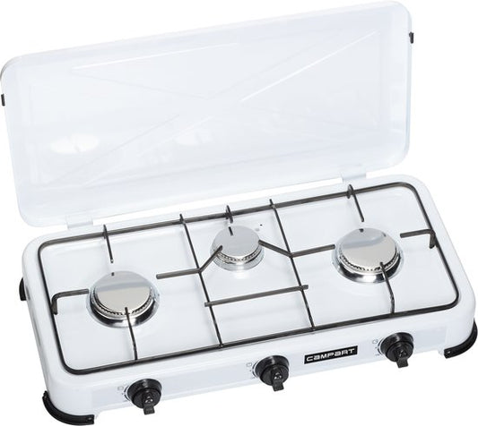 Campart Campingkocher KO-6383 – 3-flammige Campingkocher – Gaskocher mit Edelstahlbrenner – Weiß