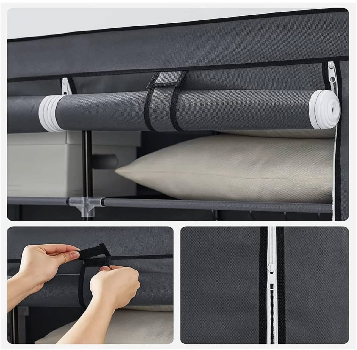 Kleiderschrank, Wäscheschrank 150 x 175 x 45 cm – Grau – 2 Kleiderstangen – Einlegeböden – Zusammenklappbar