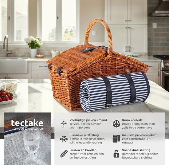 tectake - Komplettes Picknickkorb-Set Vlieland - Luxuriöses 23-teiliges Picknick-Set für 4 Personen - Weiden-Picknickkorb mit Picknick-Teppich - Inklusive Kühlbox, Set mit Tellern, Kunststoff-Weingläsern und Edelstahl-Besteck