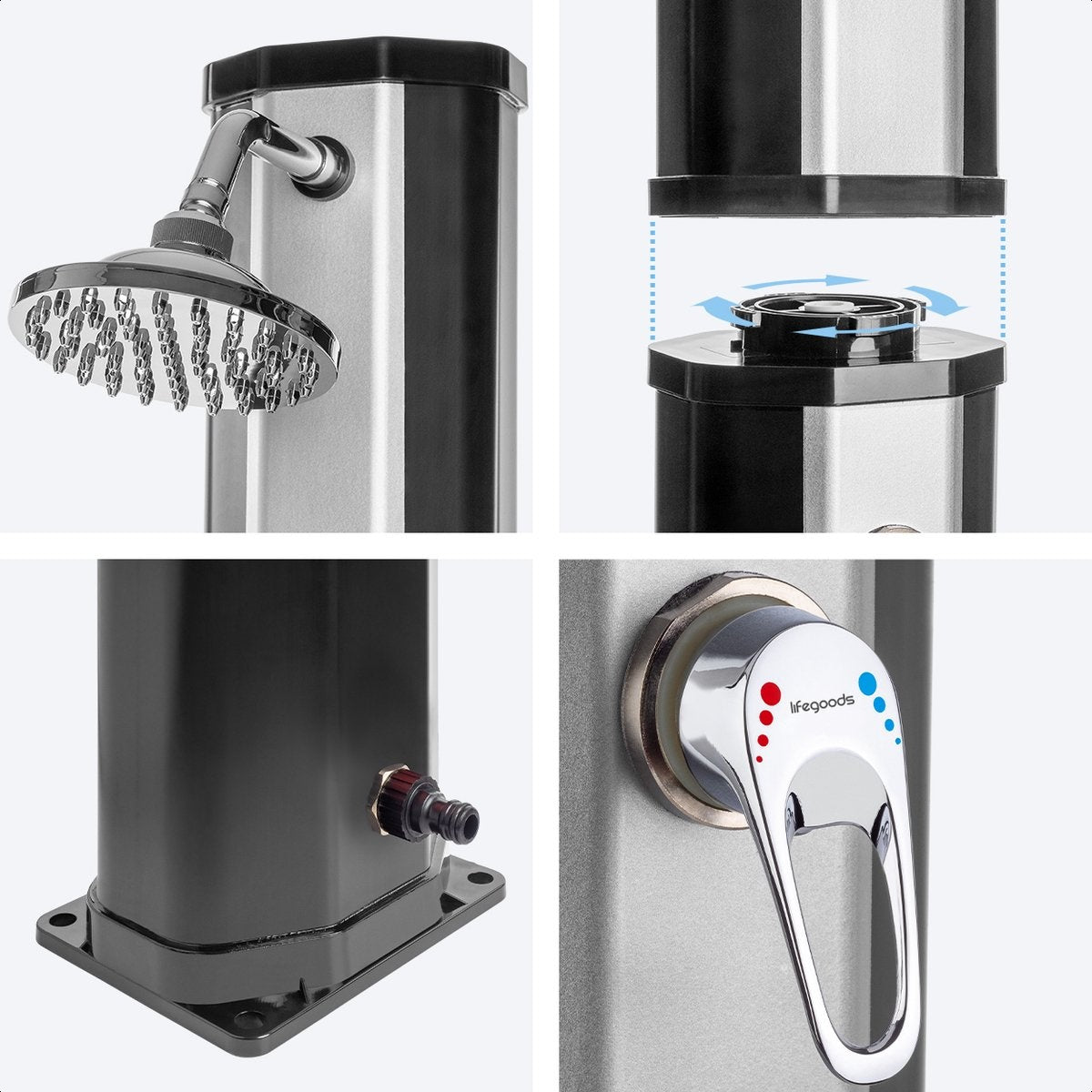 LifeGoods Outdoor-Dusche - Solar - 360Â° drehbarer Duschkopf - 35L - Schwarz/Silber