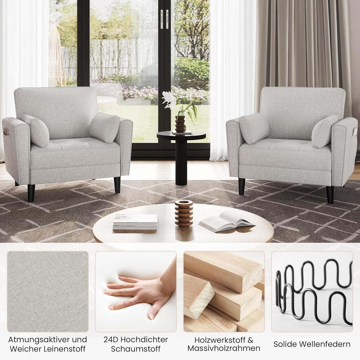 Yaheetech Loveseat-Sofa aus Leinen – Graubeige – 102,5 x 75 x 85,5 cm – Mit 2 Kissen und Seitentaschen