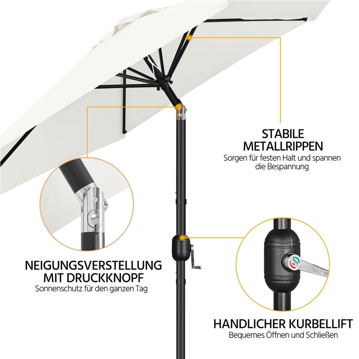 Yaheetech Sonnenschirm mit Ständer und Neigungsfunktion, ø 269 cm – UV-Schutz UPF50+ – Cremeweiß