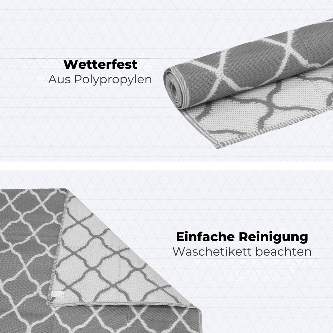 LifeGoods Outdoor-Teppich - 120x180cm - Gartenteppich - beidseitig verwendbar - Inkl. Tragetasche - Mit Muster - Grau/Weiß