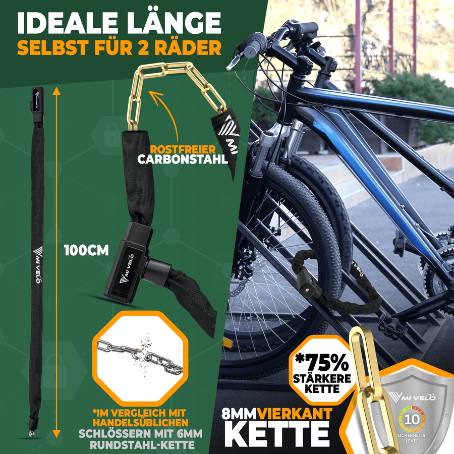 MIVELO Fahrradschloss Kettenschloss - 100 cm lang & 8 mm dick - Für E-Bike & Scooter - Gehärteter Stahl - Schwarz