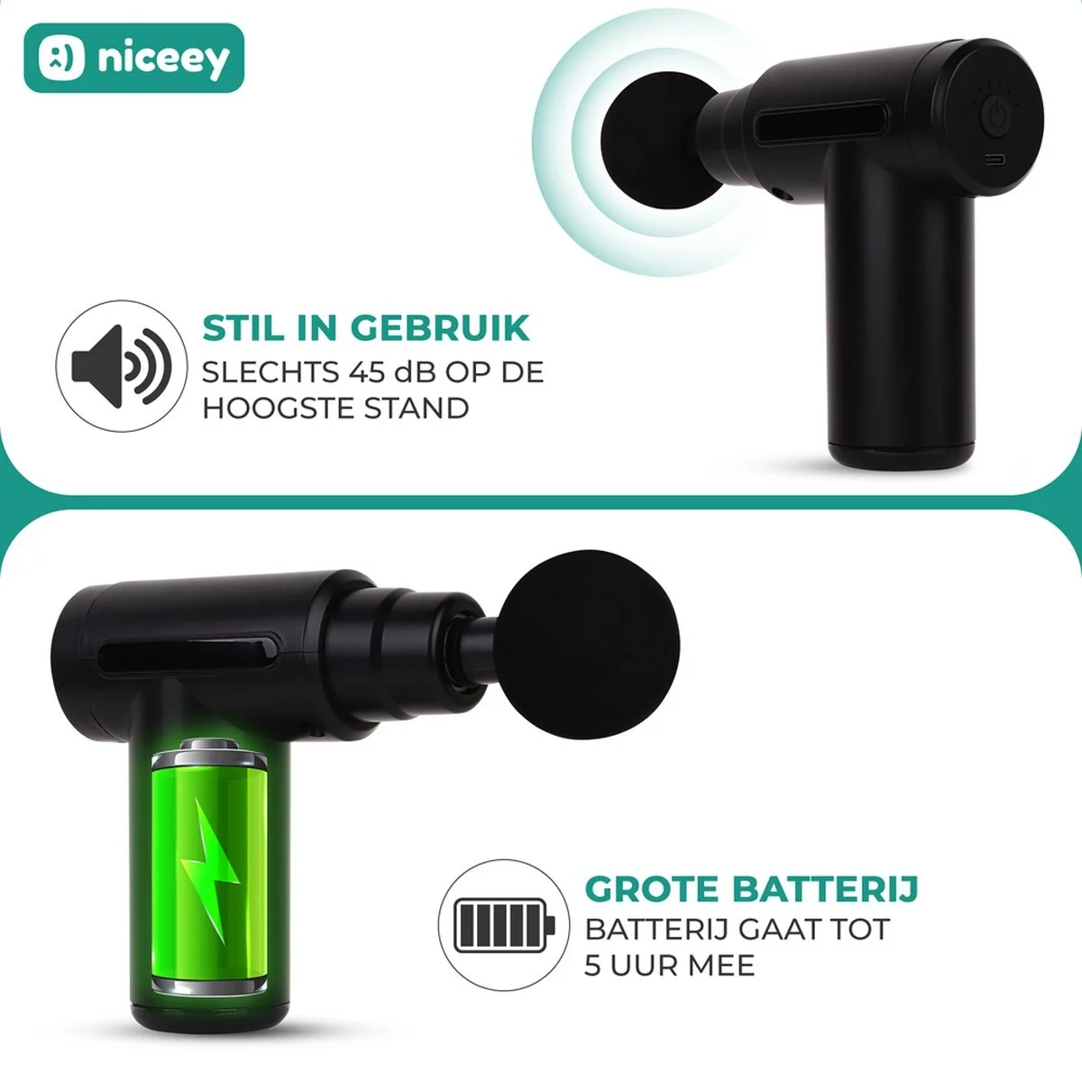 Niceey Massage Gun Mini - Leistungsstark - Kabellos - 5 Aufsätze - Sport- und Entspannungsmassagegerät - Mit Etui - Schwarz