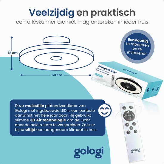 Gologi Deckenventilator mit Beleuchtung - Ã˜60 cm - LED RGBW - 6 Stufen - Schlafzimmer-Deckenleuchte - Deckenleuchte mit Ventilator - Mit Fernbedienung und App - Schwarz