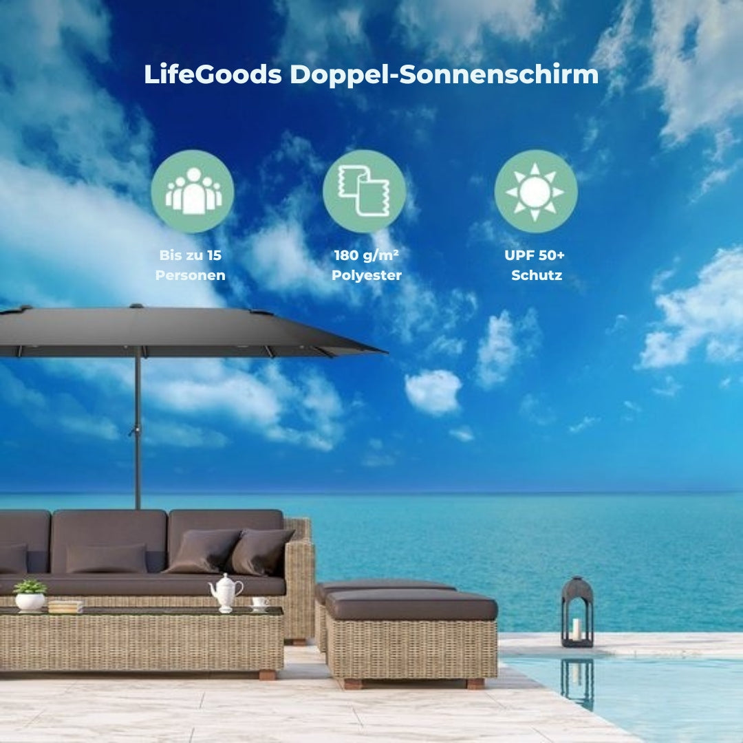 LifeGoods Doppelter Sonnenschirm - 270x460cm - Bis zu 15 Personen - Wasserdicht - Mit Bezug - Dunkelgrau