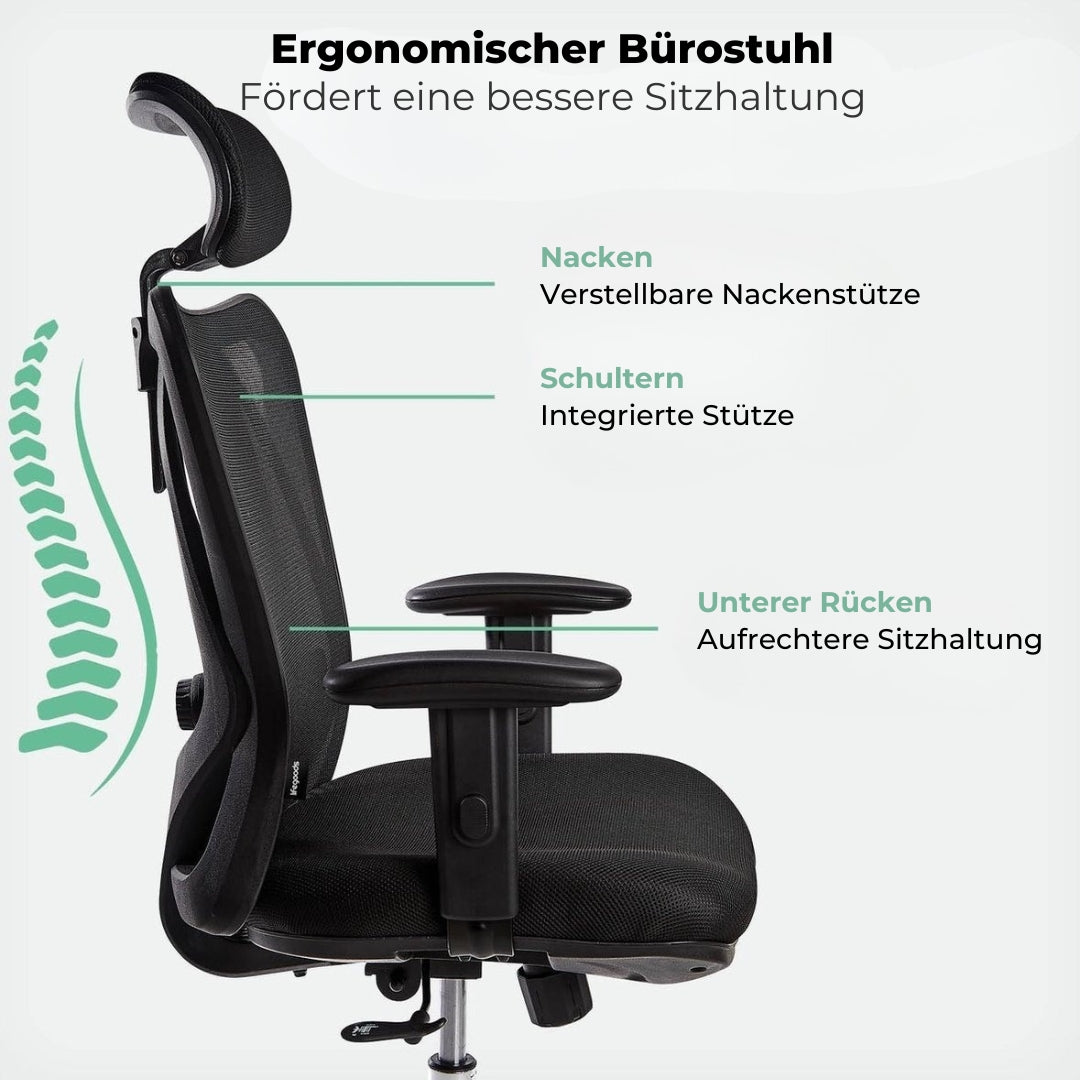 LifeGoods Ergonomischer Bürostuhl - Verstellbar - Bis zu 136 kg - Schwarz
