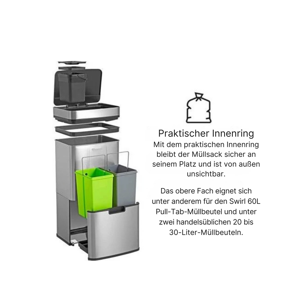Homra - Mülleimer - 3 Tonnen - 72 Liter (2x12 + 1x48) - mit Infrarotsensor - Edelstahl - Silber