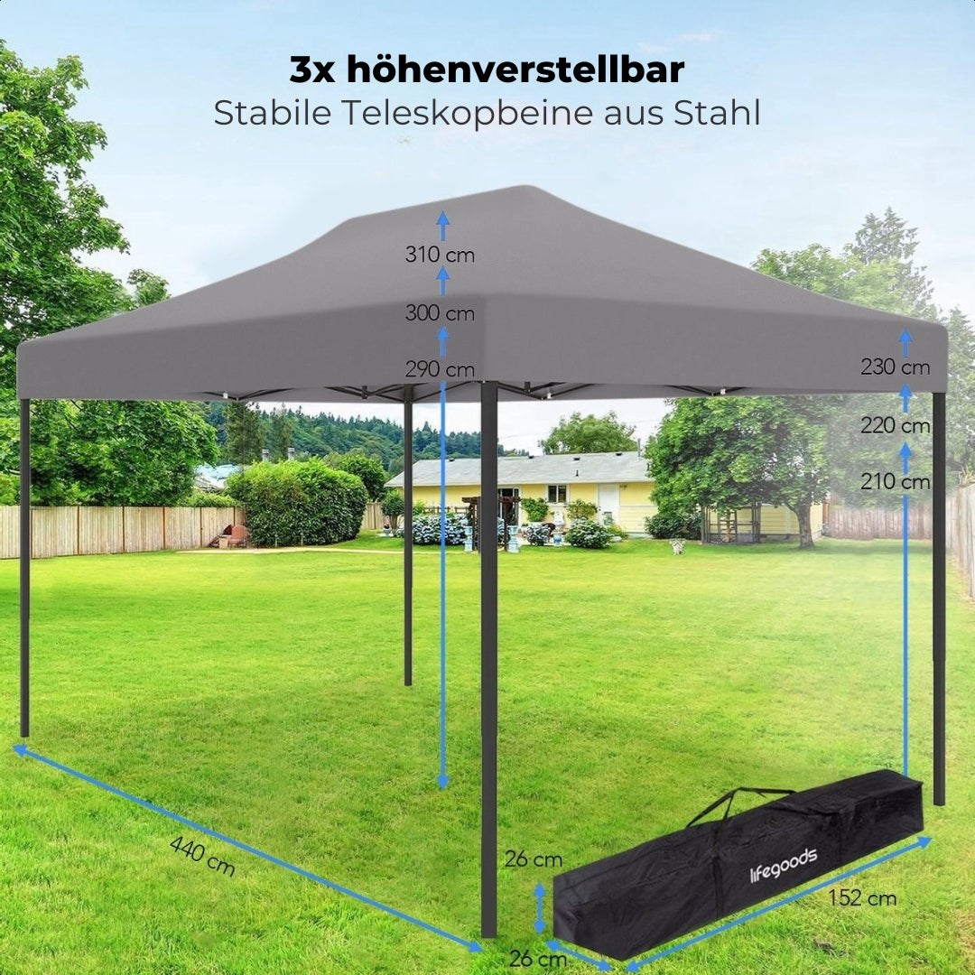 LifeGoods Partyzelt Pavillon - Einfacher Aufbau - Wasserdicht - Tragetasche mit Rädern - 3,0 x 4,5 m - Dunkelgrau