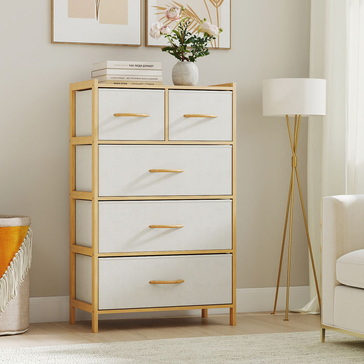 Coast Kommode Bamboo Natural - 58 x 30 x 94 cm - Mit 5 klappbaren Stoffschubladen