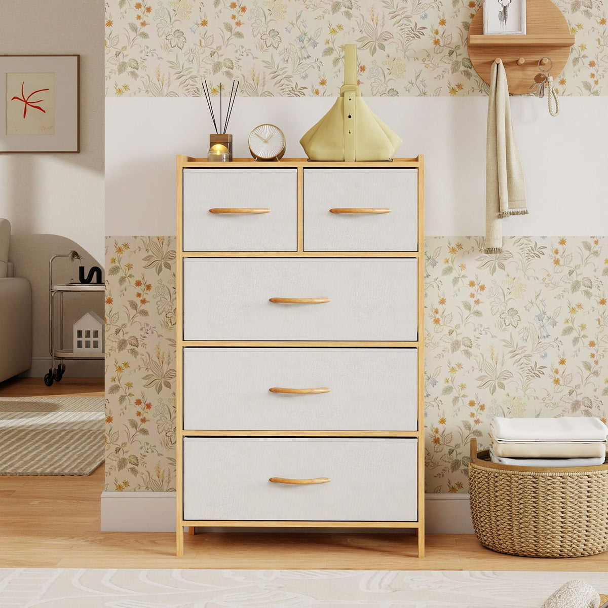 Coast Kommode Bamboo Natural - 58 x 30 x 94 cm - Mit 5 klappbaren Stoffschubladen