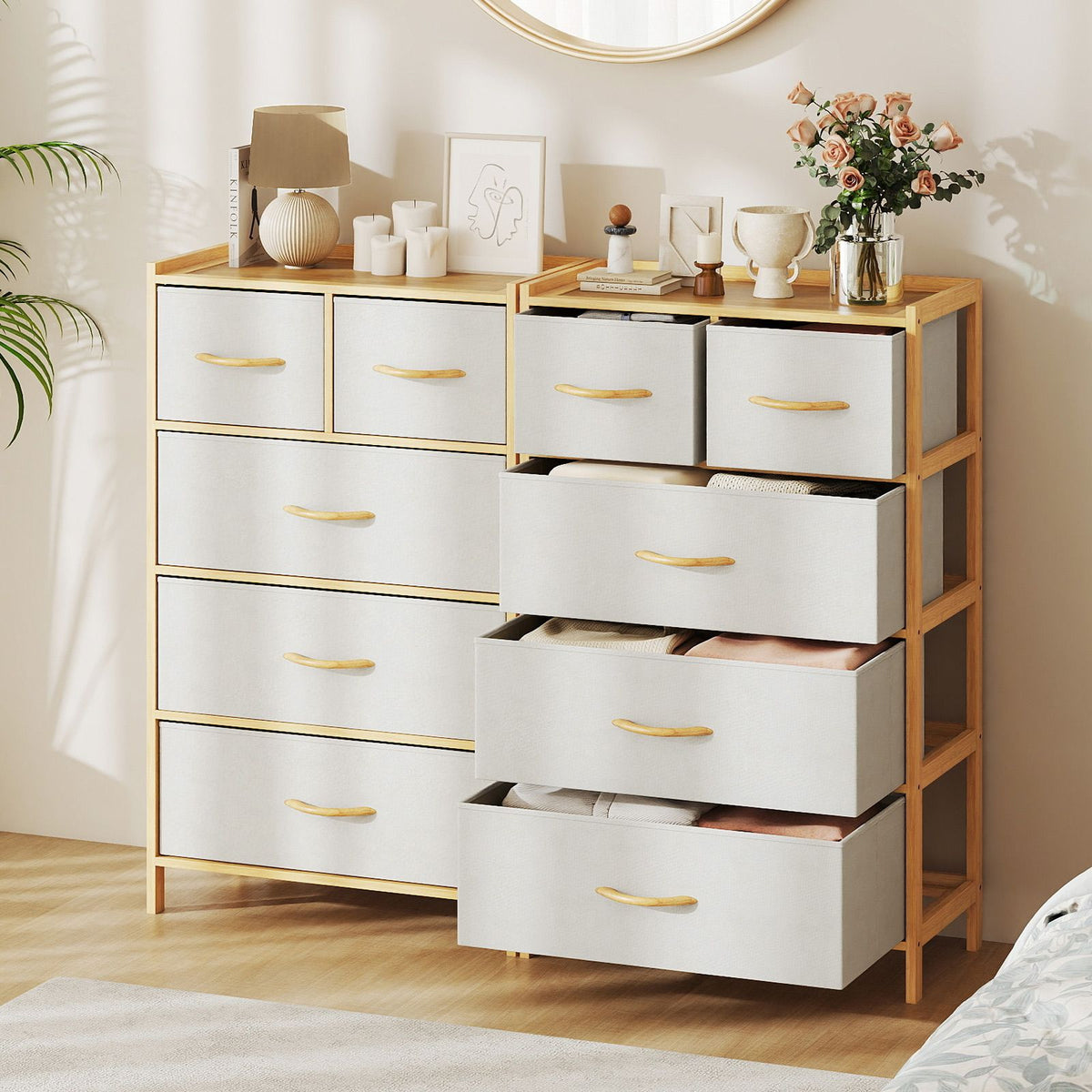 Coast Kommode Bamboo Natural - 58 x 30 x 94 cm - Mit 5 klappbaren Stoffschubladen