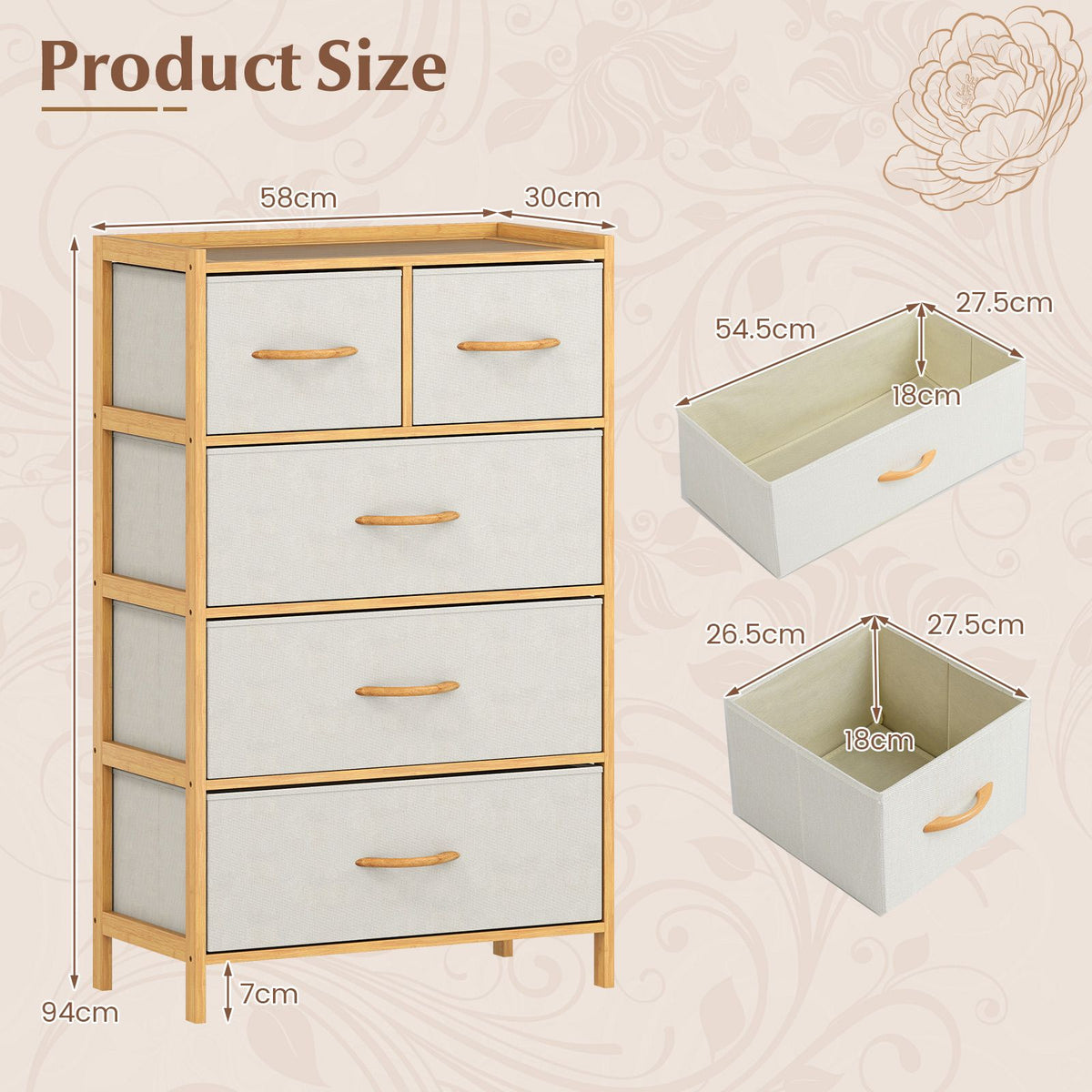 Coast Kommode Bamboo Natural - 58 x 30 x 94 cm - Mit 5 klappbaren Stoffschubladen