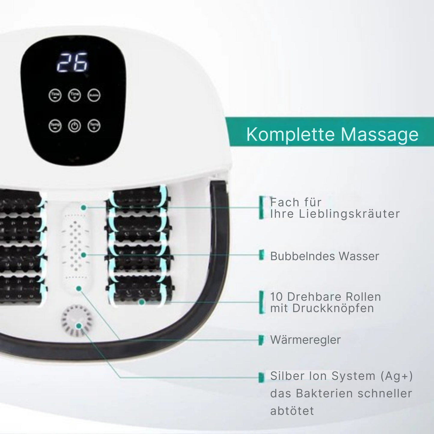 Niceey Massage-Fußbad - XXL - mit Sprudelfunktion & Massagerollen - Infrarot-Wärmefunktion - Weiß