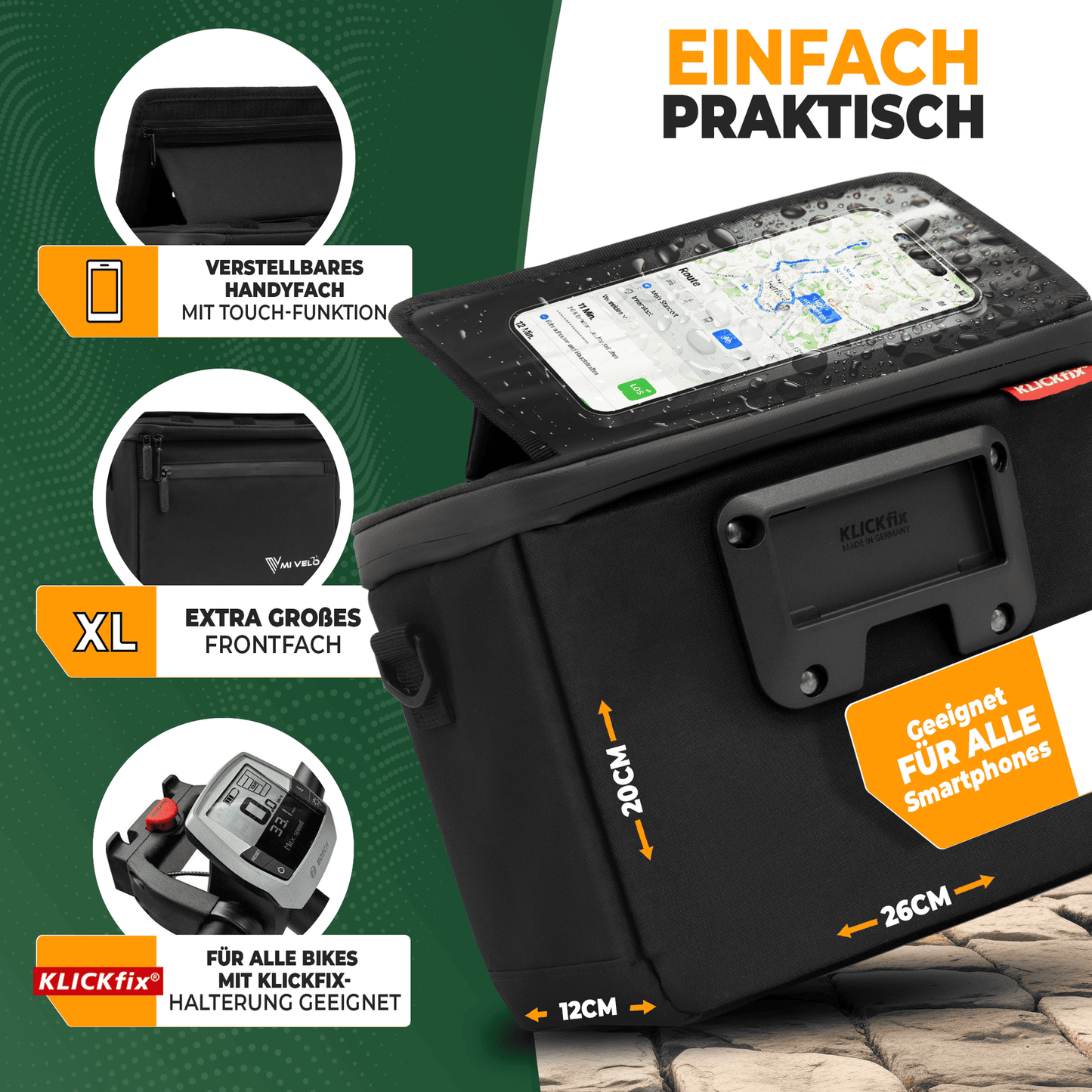 Mivelo Lenkertasche für Fahrrad - KlickFIX - mit Handyfach - Schwarz