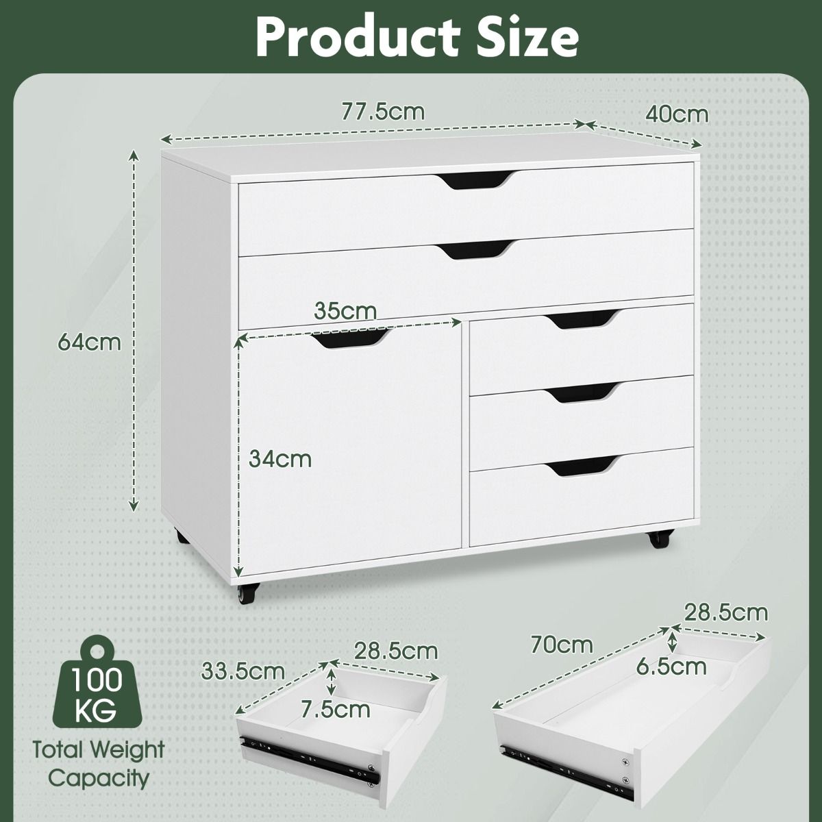Coast Mobiler Schubladenschrank mit Tür - 77,5 x 40 x 64 cm - 5 Schubladen und Druckerständer auf Rädern