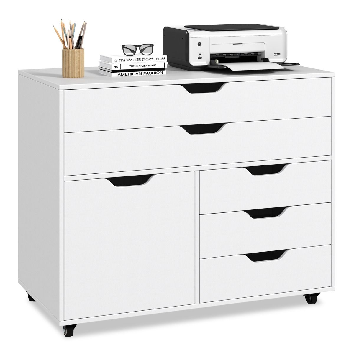Coast Mobiler Schubladenschrank mit Tür - 77,5 x 40 x 64 cm - 5 Schubladen und Druckerständer auf Rädern