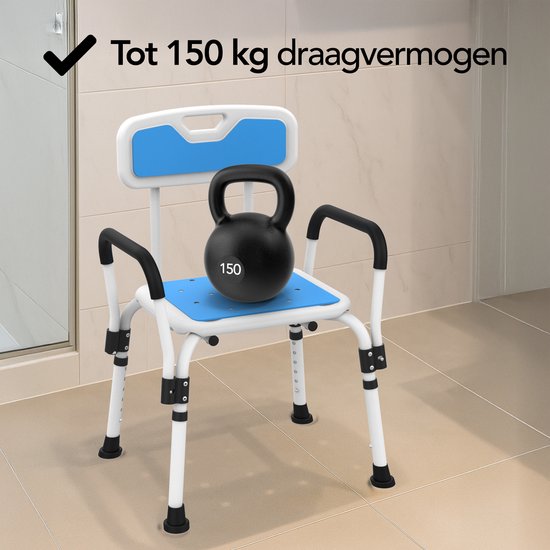 Brixy Duschstuhl mit abnehmbarer Rückenlehne und Armlehne - Anti-Rutsch - Höhenverstellbar - Max. 150 kg - Duschhocker - Badestuhl