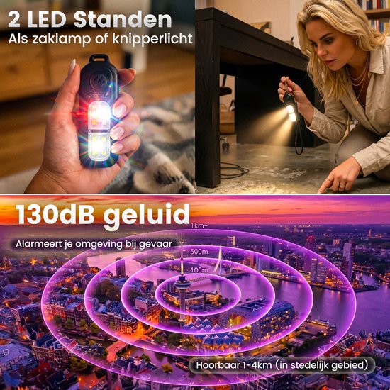 Persönlicher Notruf-Schlüsselanhänger 130 dB – Selbstverteidigung für Frauen – Pfefferspray – Wiederaufladbarer Taschenalarm mit Taschenlampe