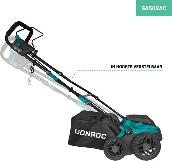 VONROC Elektro-Vertikutierer - Rasenlüfter - 1500W - Schnittbreite 36 cm - 5 Positionen: 4 Tiefenpositionen (12/9/6/3 mm) + 1 Transportposition (+10 mm) - inkl. Auffangbehälter 45L.