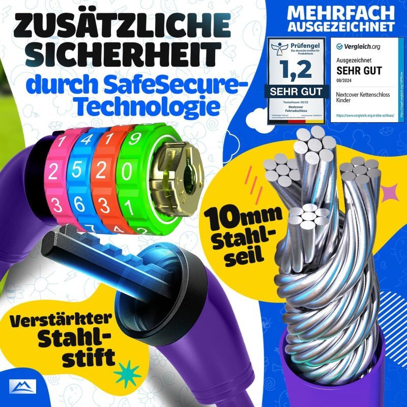 NEXTCOVER® Kinderfahrradschloss mit 4-stelligem Zahlencode - Kinderfahrradschloss - Ideal für Roller, Fahrräder & mehr - Kombinationsschloss Fahrrad mit bunten Zahlen - Rollerschloss Extra robust & sicher
