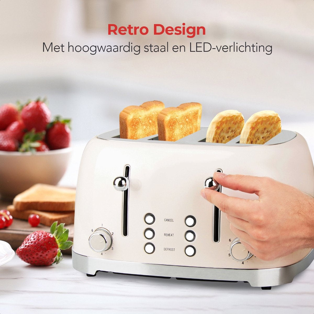 KitchenBrothers Retro Toaster - Toaster - 6 Heizstufen - 4 extra breite Schlitze - 1630W - Beige