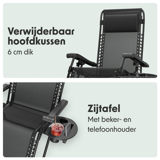 LifeGoods Liegestühle - klappbar - Komplettset - mit Beistelltisch - 30°-90° verstellbar - Gartenstühle - Metall - Schwarz