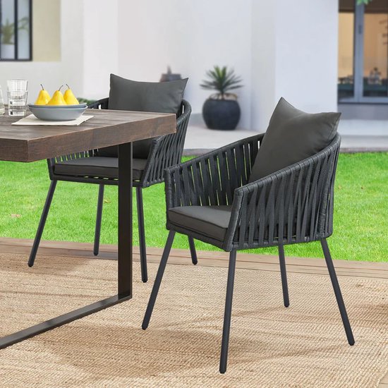Juskys Stühle mit Seilgeflecht - 2er Set - Inkl. Sitz- und Rückenkissen - Dunkelgrau
