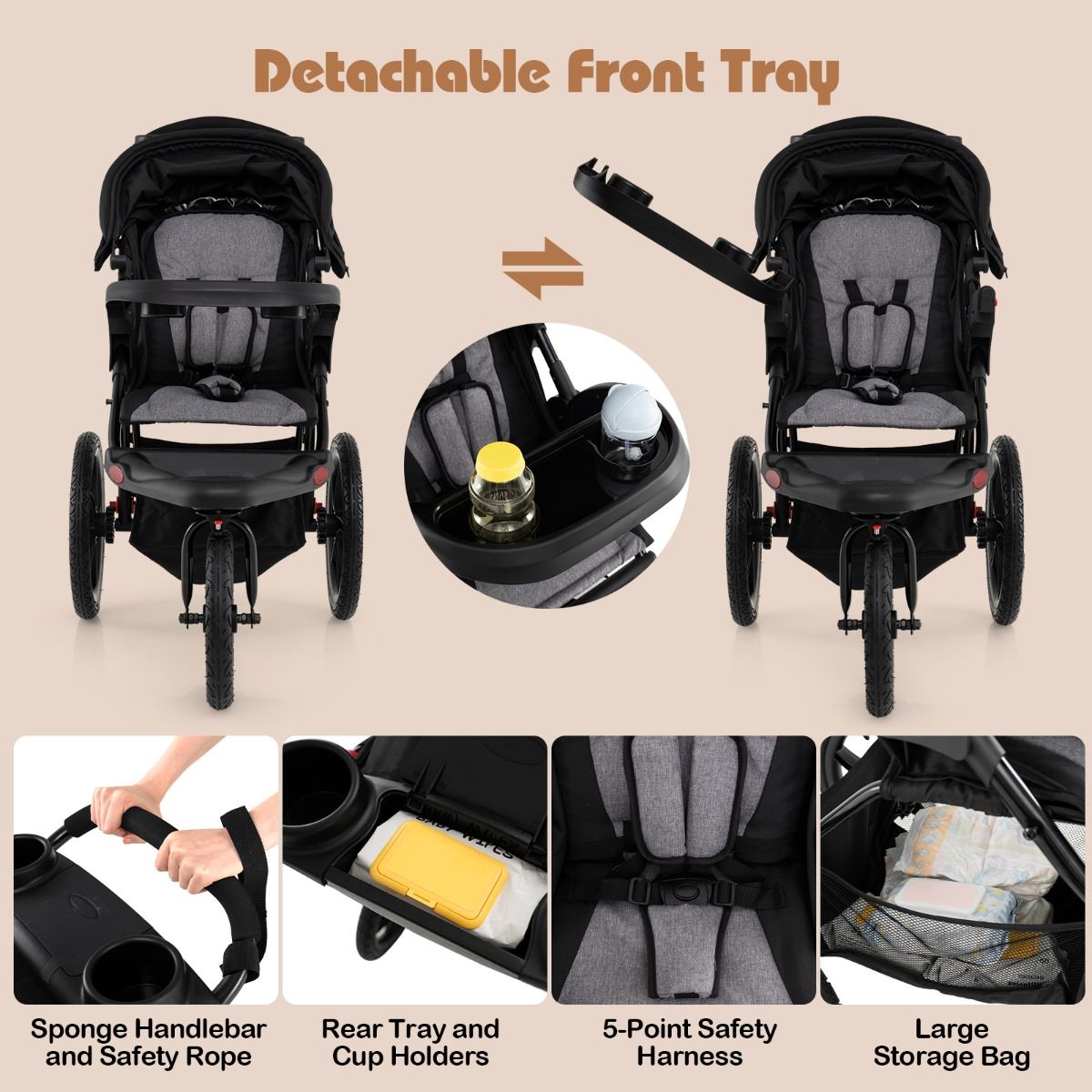 Coast Jogging-Kinderwagen – Zusammenklappbarer Kinderwagen – Verstellbares Sonnendach – Neigbarer Sitz – Schwarz