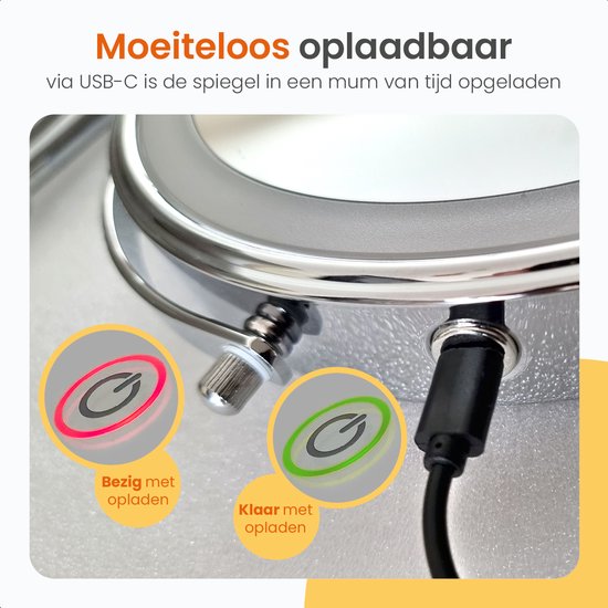 Goliving Make-up-Spiegel mit Beleuchtung - Ø25 cm - 10-fache Vergrößerung - Dimmbarer Make-up-Spiegel - Rasierspiegel - LED-Beleuchtung - USB-C aufladbar - Doppelseitig - 27 x 27 cm - Chrom