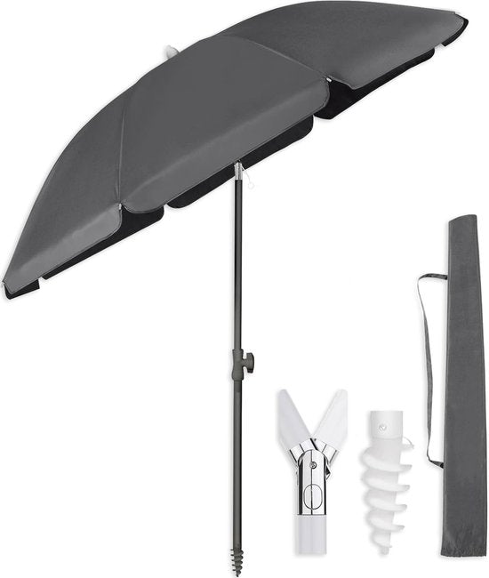 O’DADDY® Sonnenschirm-Set – Neigbar & verstellbar – Wasserdicht – UV-beständig – Mit Erdspieß & Tragetasche – Strand, Garten & Balkon – 180 cm – Dunkelgrau