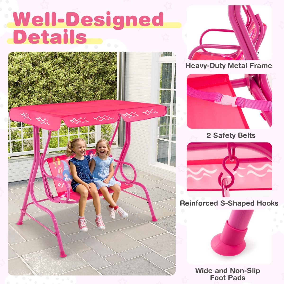 Coast Kinderschaukel 2-Sitzer für Terrasse und Außenbereich, Rosa, 112 x 76,5 x 111 cm, mit Metallgestell, verstellbarem Baldachin und Sicherheitsgurten