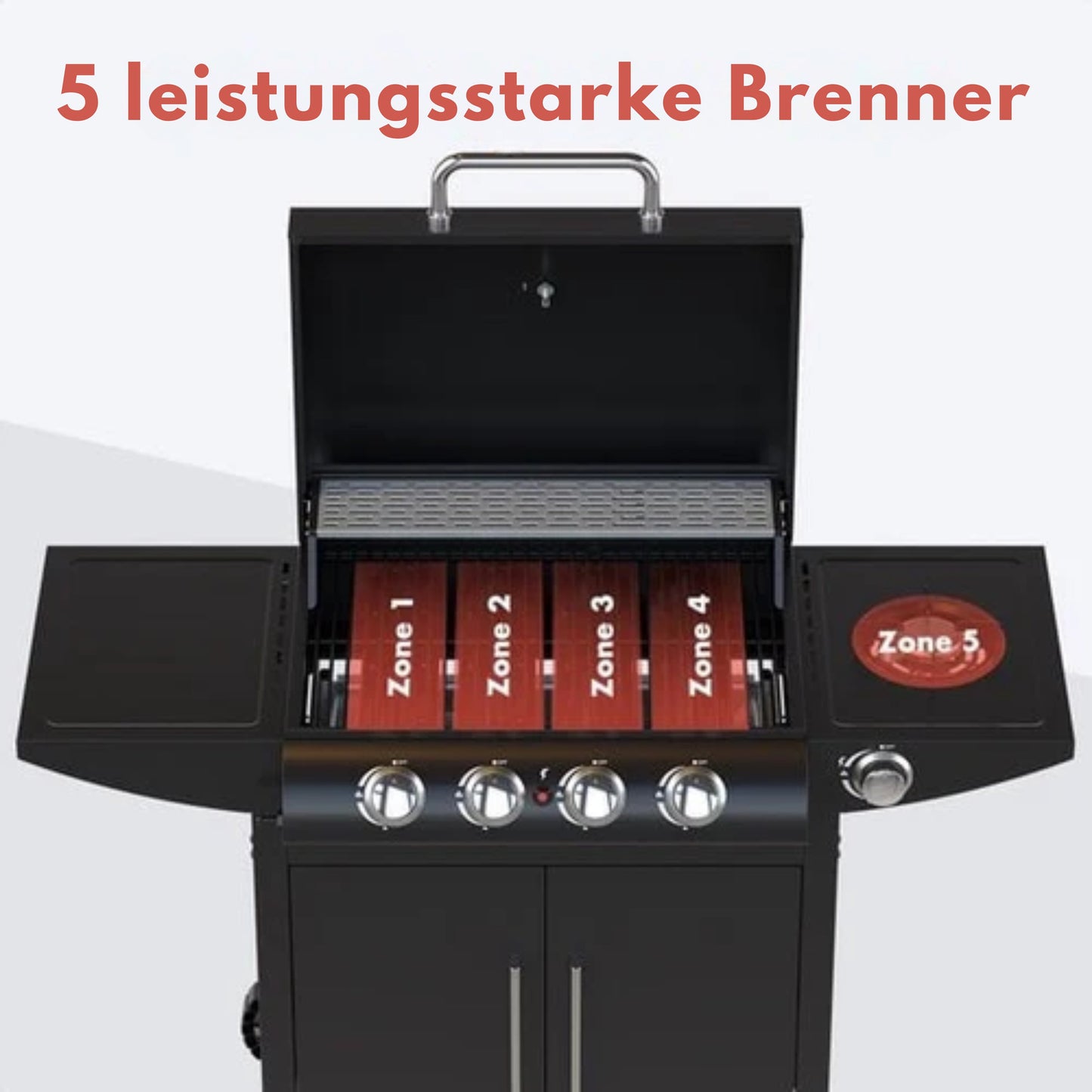 KitchenBrothers Gasgrill - Mit Seitenbrenner - 5 Brenner - Mit Gasanschluss - 42x57cm Grillfläche - Schwarz