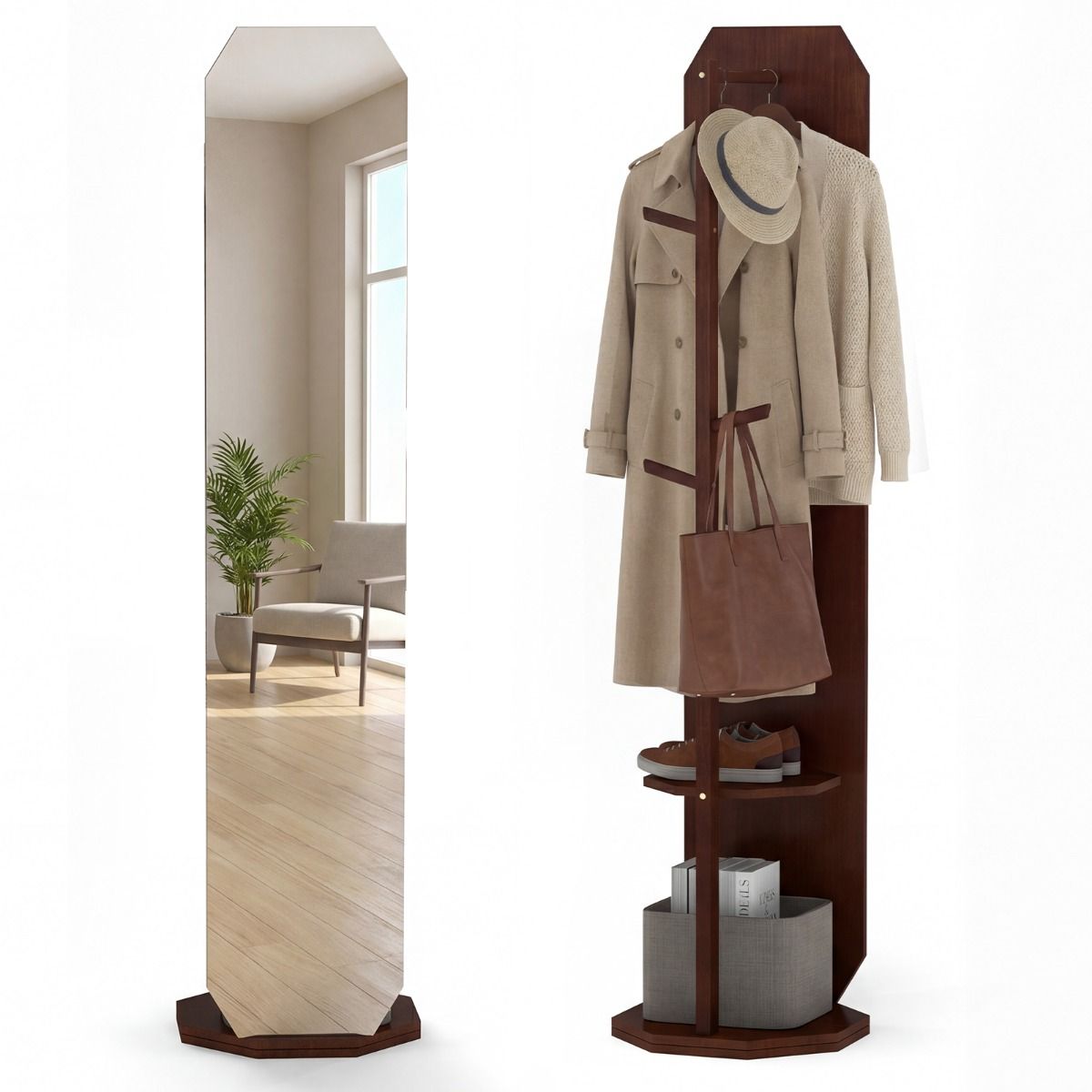 Coast Ganzkörperspiegel mit Ständer – 3-in-1-Garderobe – um 360° drehbar – Walnuss