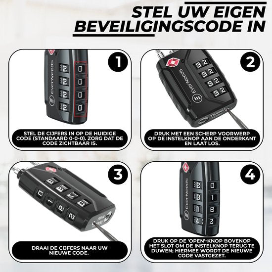 EverNeeds Kofferschloss - TSA-Schloss - 4-stelliges Vorhängeschloss - Zahlenschloss - Schwarz - 2 Stück