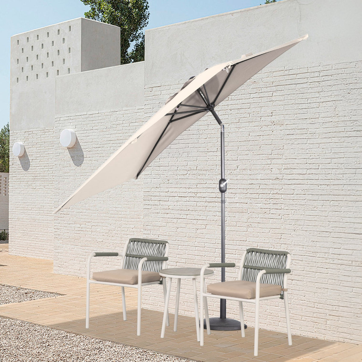 Angel Living Halbrunder Sonnenschirm – 235 x 122 x 239 cm – Vorwärts und rückwärts neigbar – UV-Schutz – Beige